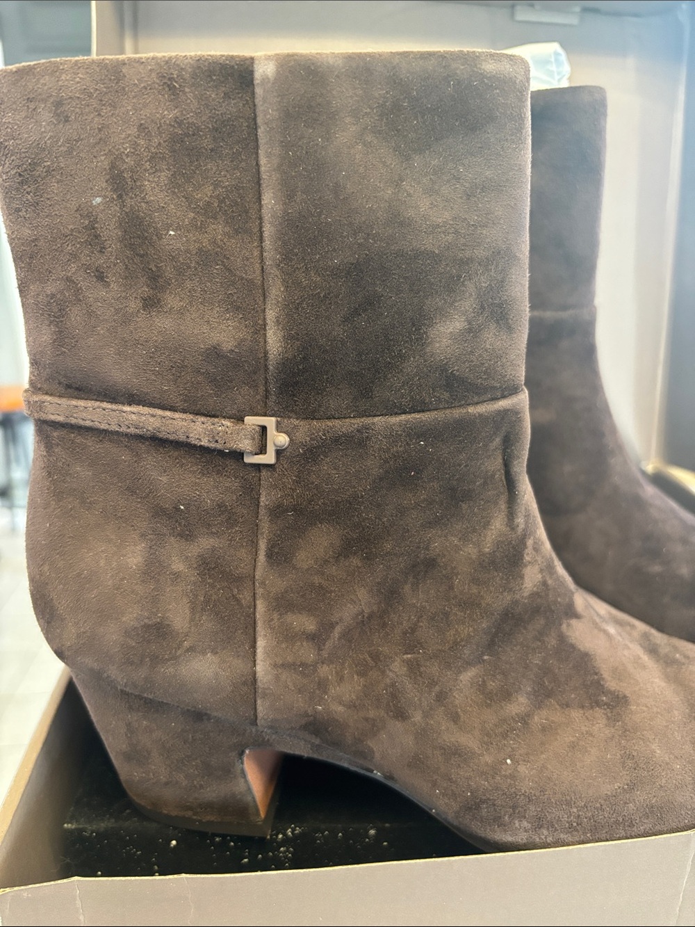 Franco Sarto Dark Brown Suede Ankle Booties with Side Zip - Picture 2 of 8